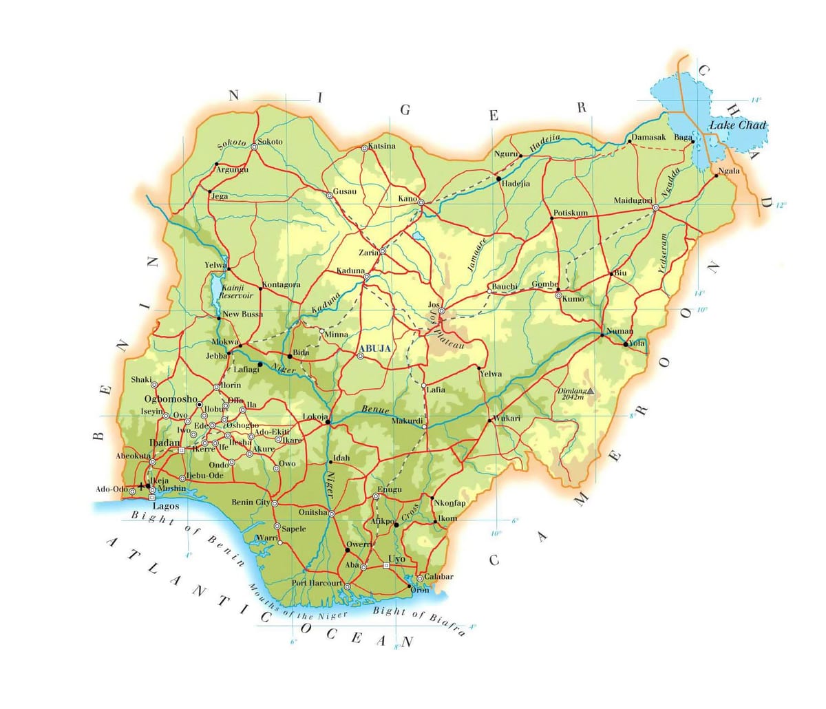 Kaart van fisiese nigerië