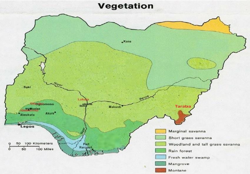 kaart van nigerië wat die plantegroei