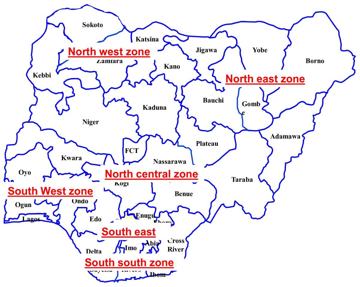 die kaart van nigerië wat die 36 state