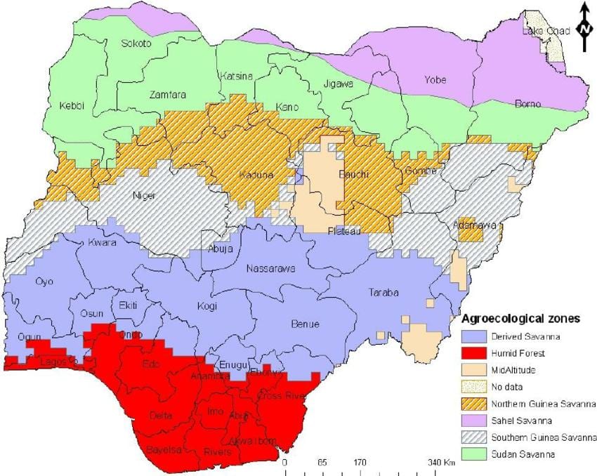 Kaart van nigerië wat die ekologiese sones