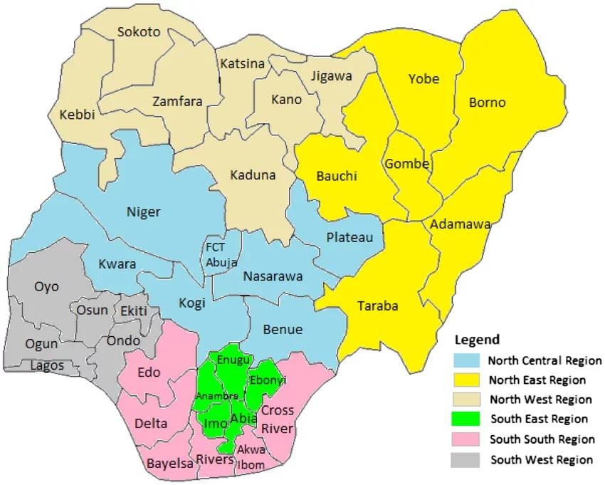 Kaart van nigerië wat die geopolitieke sones