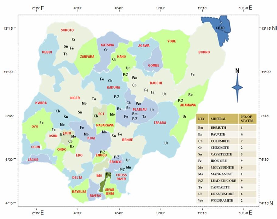 Kaart van nigerië wat die minerale hulpbronne