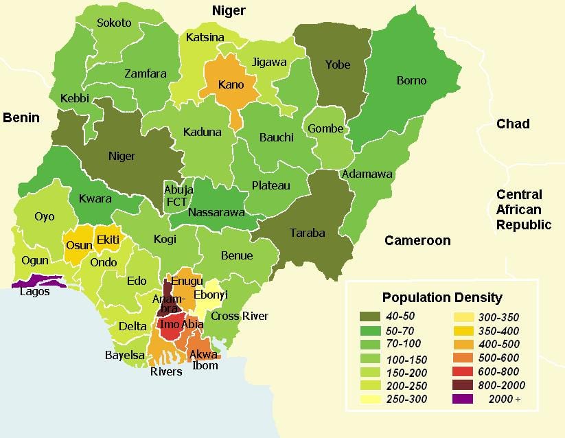 nigerië bevolkingsdigtheid kaart