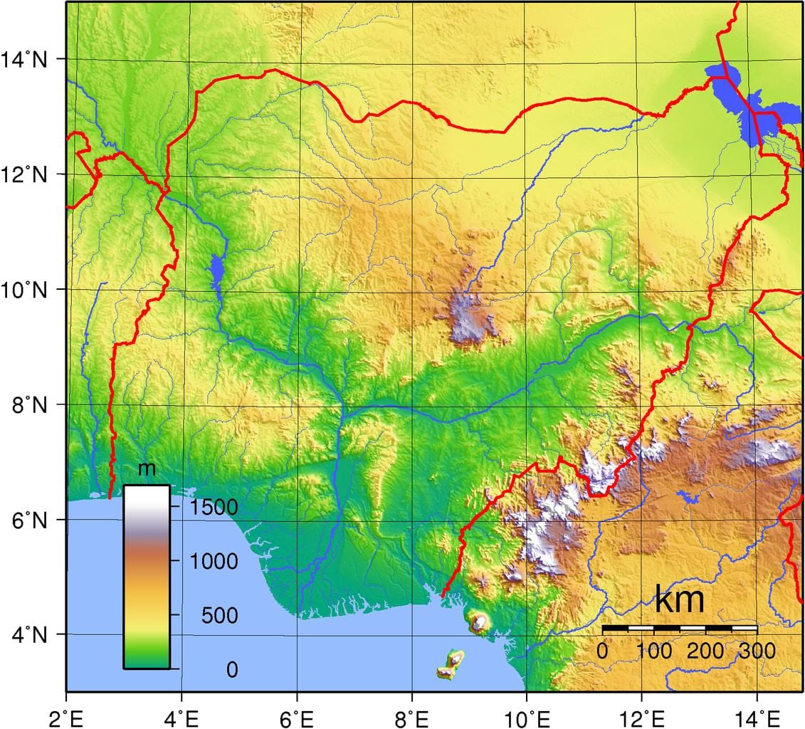 Kaart van nigerië topografiese