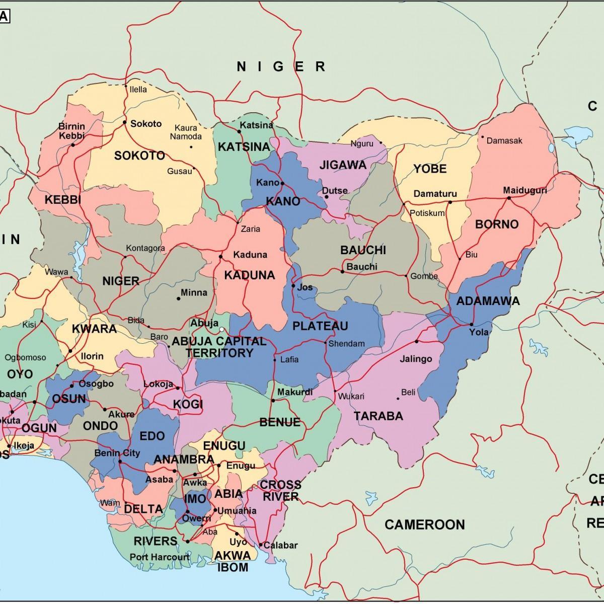 Kaart van nigerië met state en stede