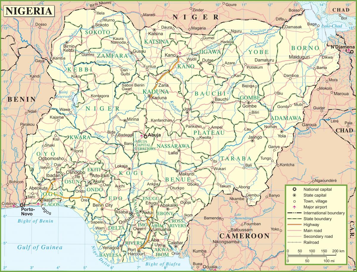 kaart van nigerië wat die groot paaie