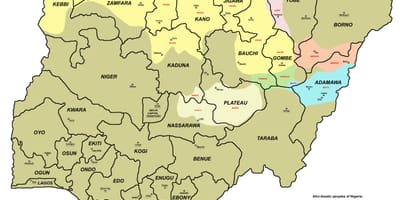 Kaart van nigerië wat die 36 state en hul hoofstede.